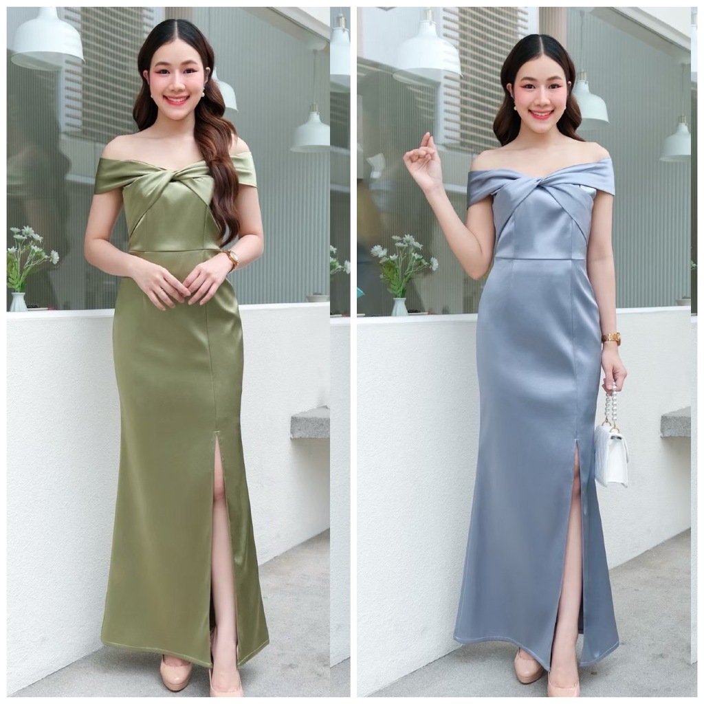 ชุดเจ้าสาวหรูมินิมอล อกทวิตพรางแขน เปิดไหล่ ผ้า Duchess Satin ไซส์ S-3XL จัดส่งเร็ว