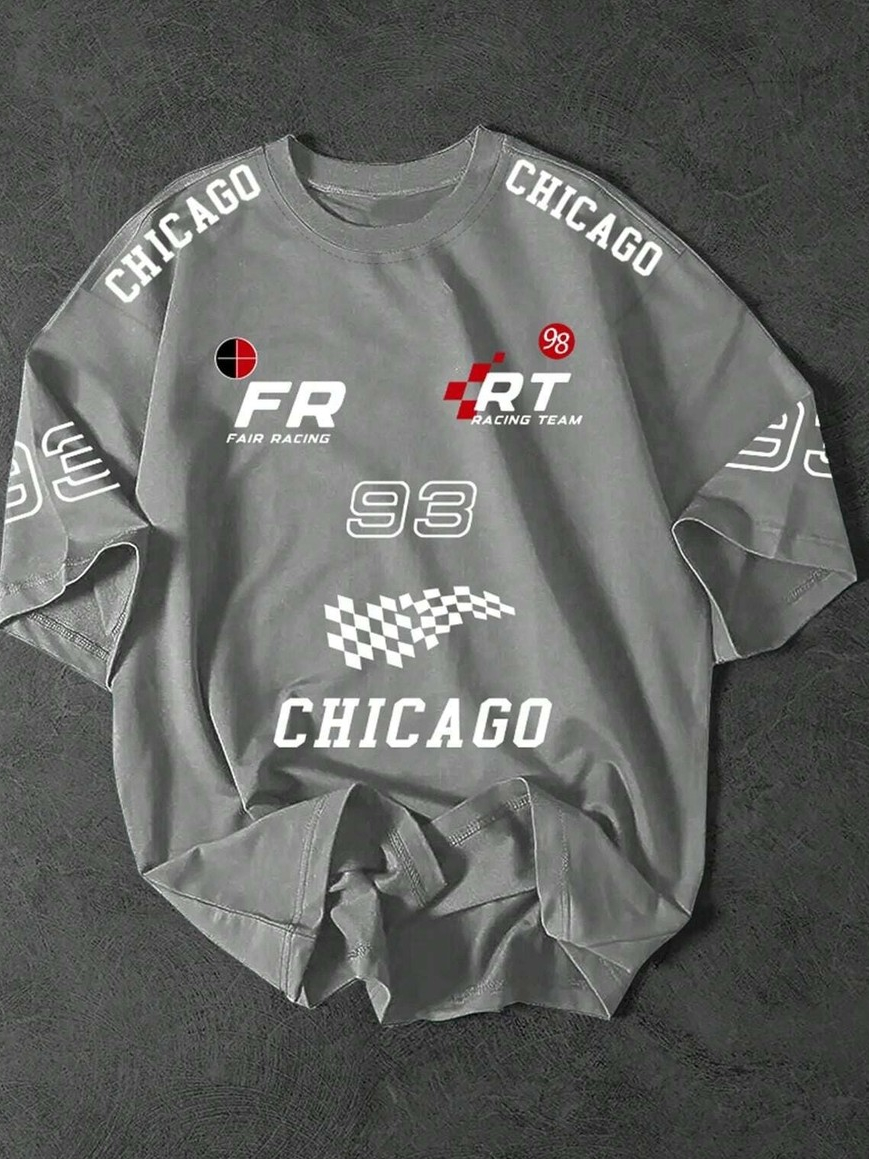 Manfinity Streetrush เสื้อยืดโอเวอร์ไซส์ สีเทา สไตล์รถแข่ง CHICAGO แขน ...