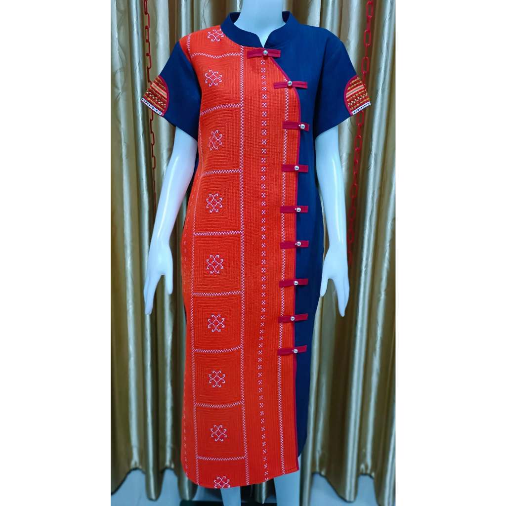 เดรสผ้าใยกัญชง คอจีน พื้นกรม แต่งผ้าลายปักส้ม (Size 40,42,44) | Shopee ...