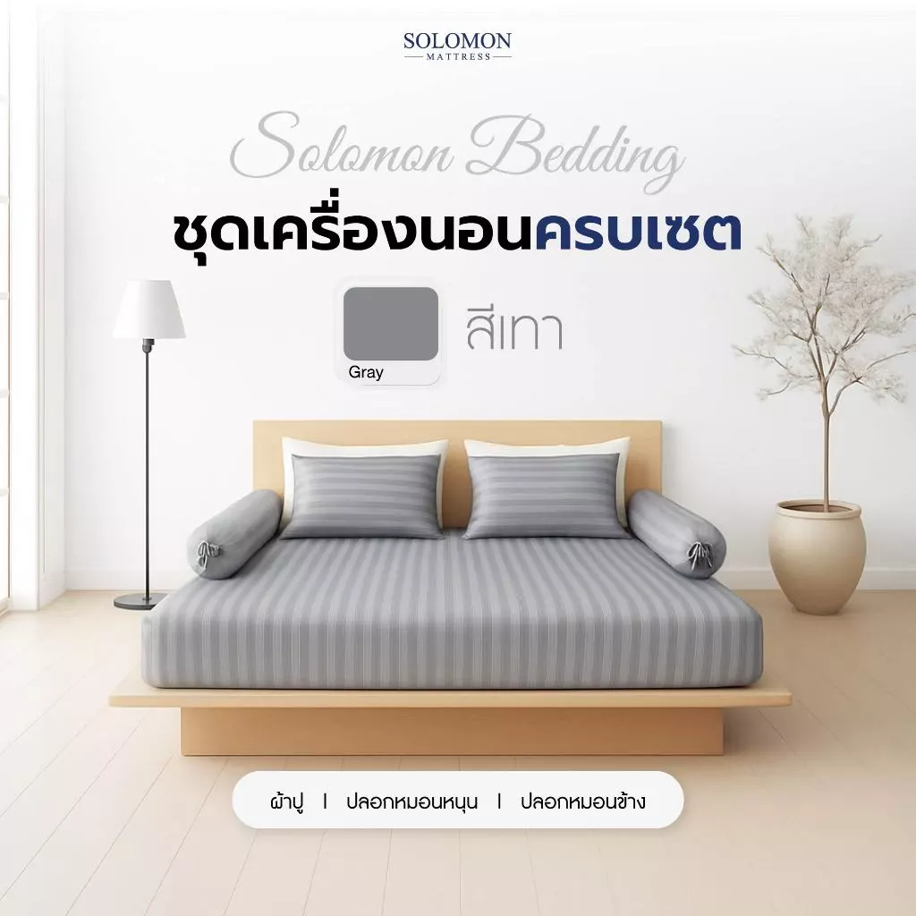 SOLOMON ชุดผ้าปูที่นอน ผ้าปูที่นอนสีเทา พร้อมปลอกหมอน ผ้าเนื้อนุ่ม เรียบหรู ระบายอากาศดี