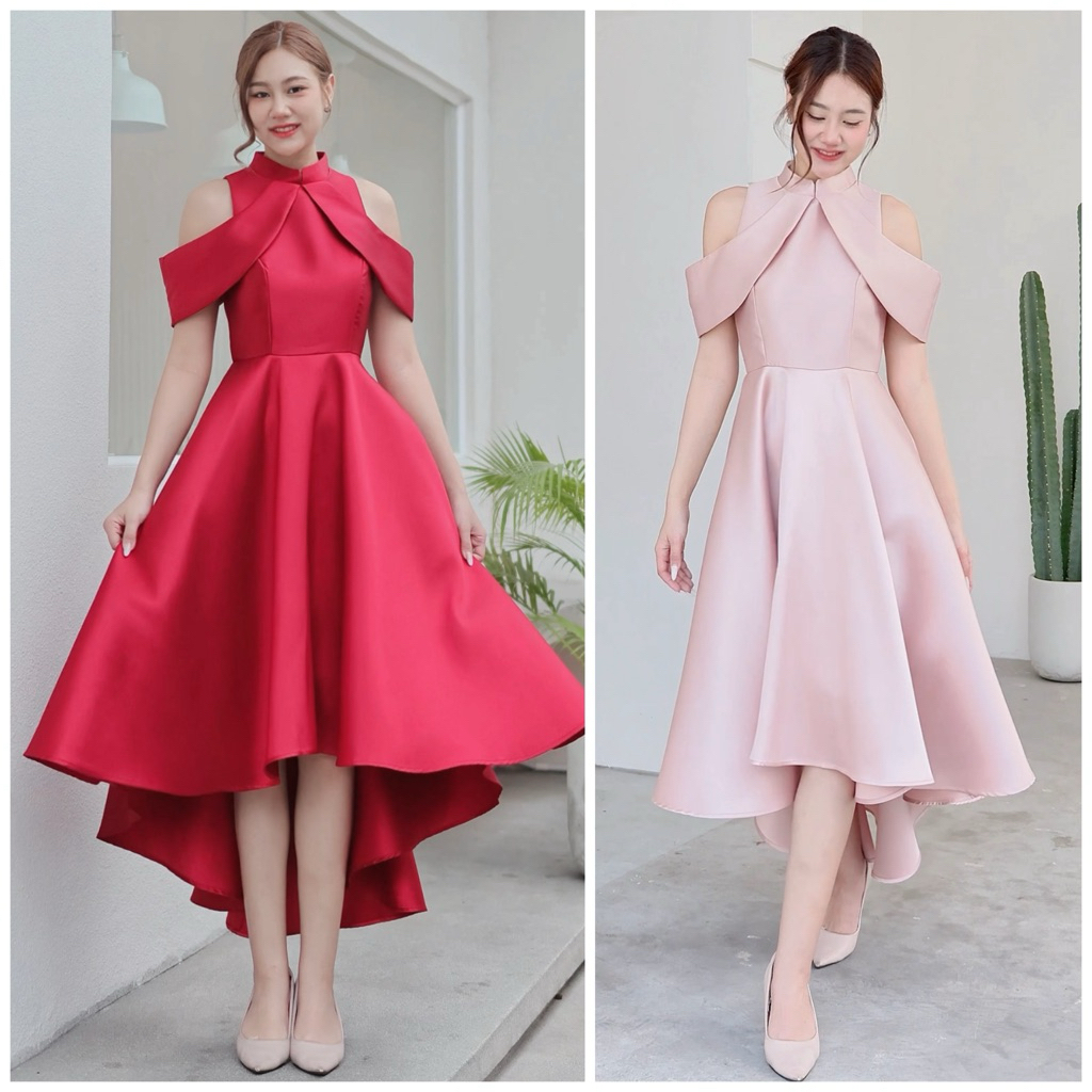 เดรสคอจีนพรางแขน หน้าสั้นหลังยาว ชุดเพื่อนเจ้าสาว LUXURY707 ผ้าเงาหรู 7 สี