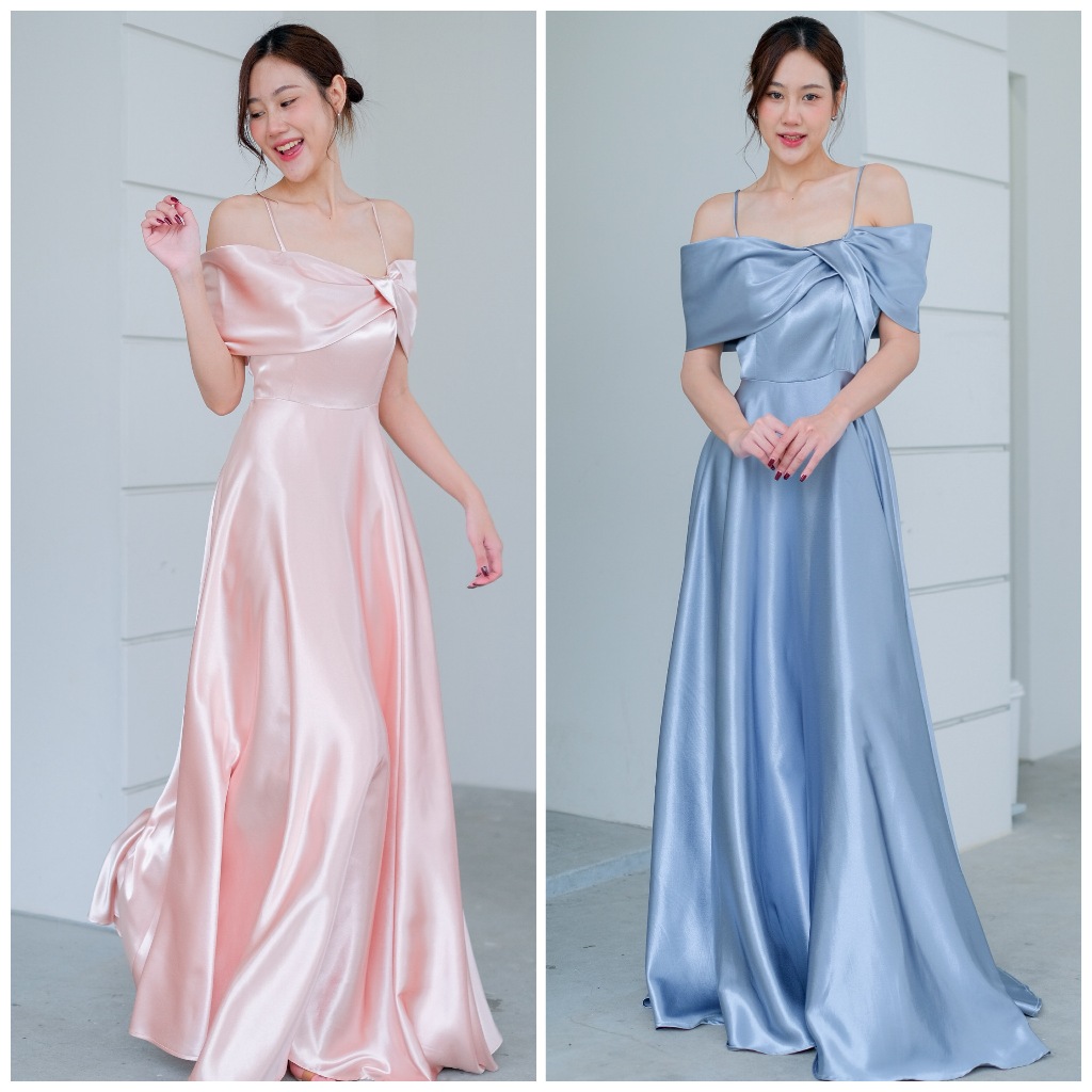 เดรสยาวเจ้าหญิง เปิดบ่า ทวิชอก กระโปรงบาน เนื้อผ้าซาตินพริ้ว 5สี ชุดไปงานแต่ง
