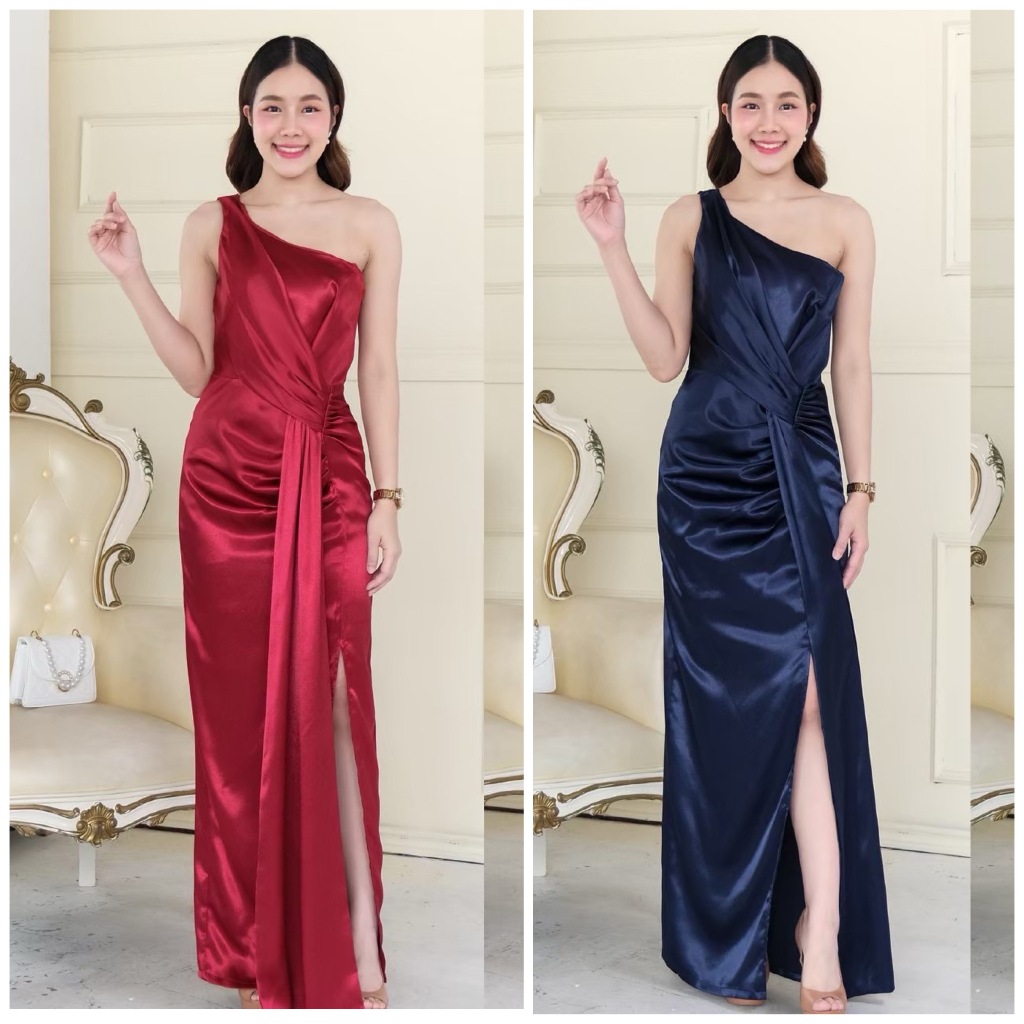 FN0085 เดรสเพื่อนเจ้าสาว ทรงกรีก พรางพุง เนื้อผ้า Duchess สวยหรู