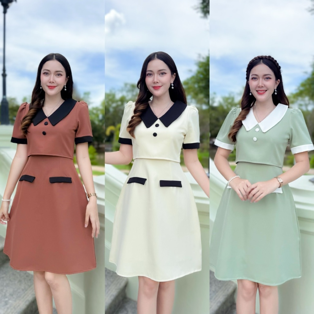 Rosie ชุดเดรสทำงาน รุ่นคอปกวี แต่งกระดุม แต่งกระเป๋าหลอก สุภาพ เรียบร้อย มีซับในทั้งตัว ยาว37นิ้ว