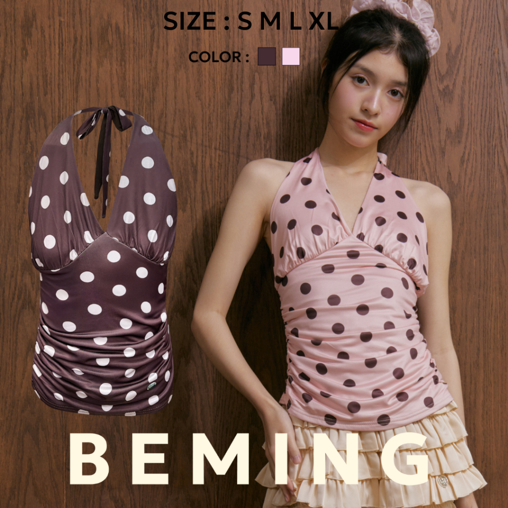 Bemingtop973(S-XL)-Dottie Tank – เสื้อลายจุดสายเดี่ยวผูกคอ ดีเทลจับรูช ...