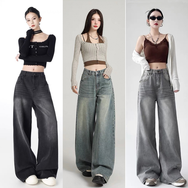 🔥919nn🔥เอวสูง ยีนส์สนิมเขียวฟอก กางเกงยีนส์กระบอกใหญ่ กางเกงยีนส์ ไซส์ XS-2XL - 2