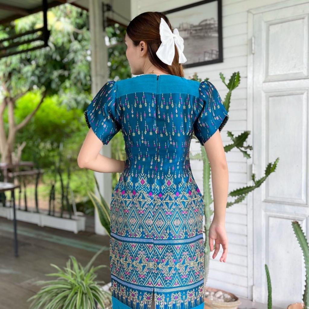 PR14 เดรสไหมแกมฝ้ายทอลาย พรางพุง ทรงสวย ไซส์ S-2XL สวมใส่ง่าย มุมมองที่ 5