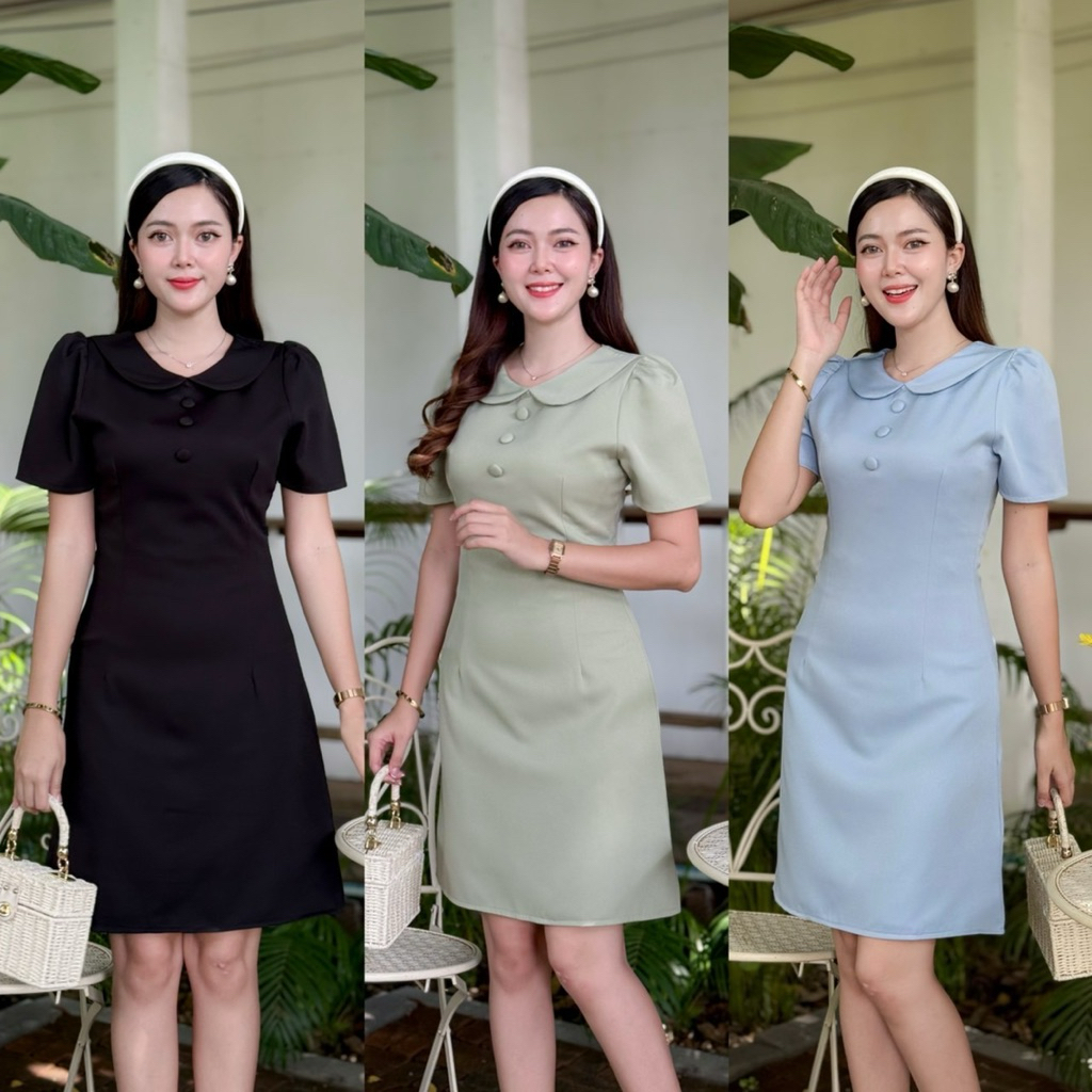 Rosie ชุดเดรสทำงาน สีดำ โอวัลติน เขียว ฟ้า ครีม คอบัว แต่งกระดุม สุภาพ เรียบร้อย มีซับในทั้งตัว ยาว37นิ้ว
