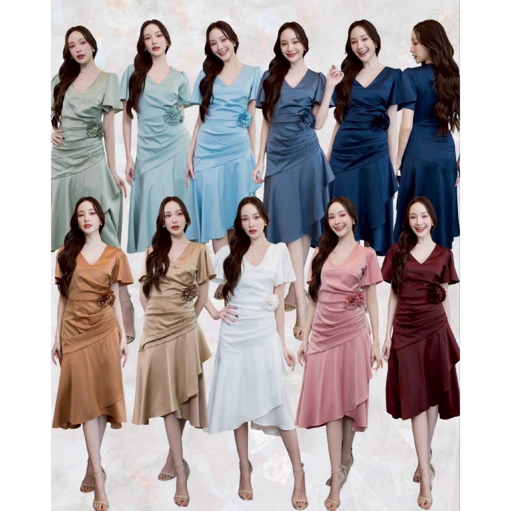 ชุดเพื่อนเจ้าสาว koolykool คอวีพราวหุ่น ผ้าเครบซาติน 6ไซส์ 11สี แถมเข็มกลัด 890฿