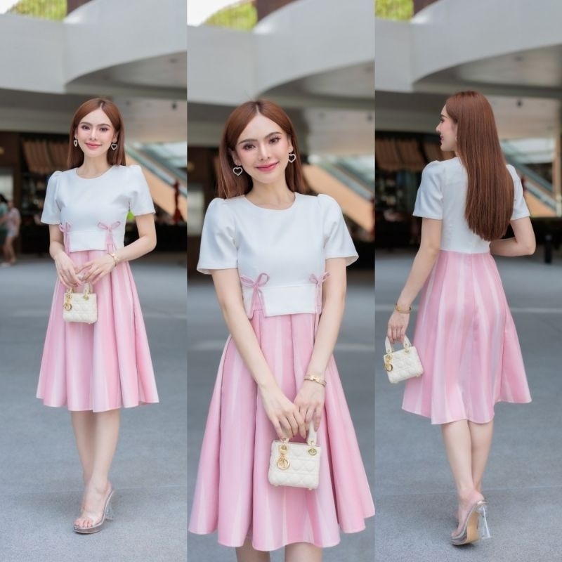 เดรสผ้าไทยสีชมพูพรีเมียม ผ้าฝ้ายทอลายแท้ อัดกาว ใส่แล้วสวยหรู มุมมองที่ 2