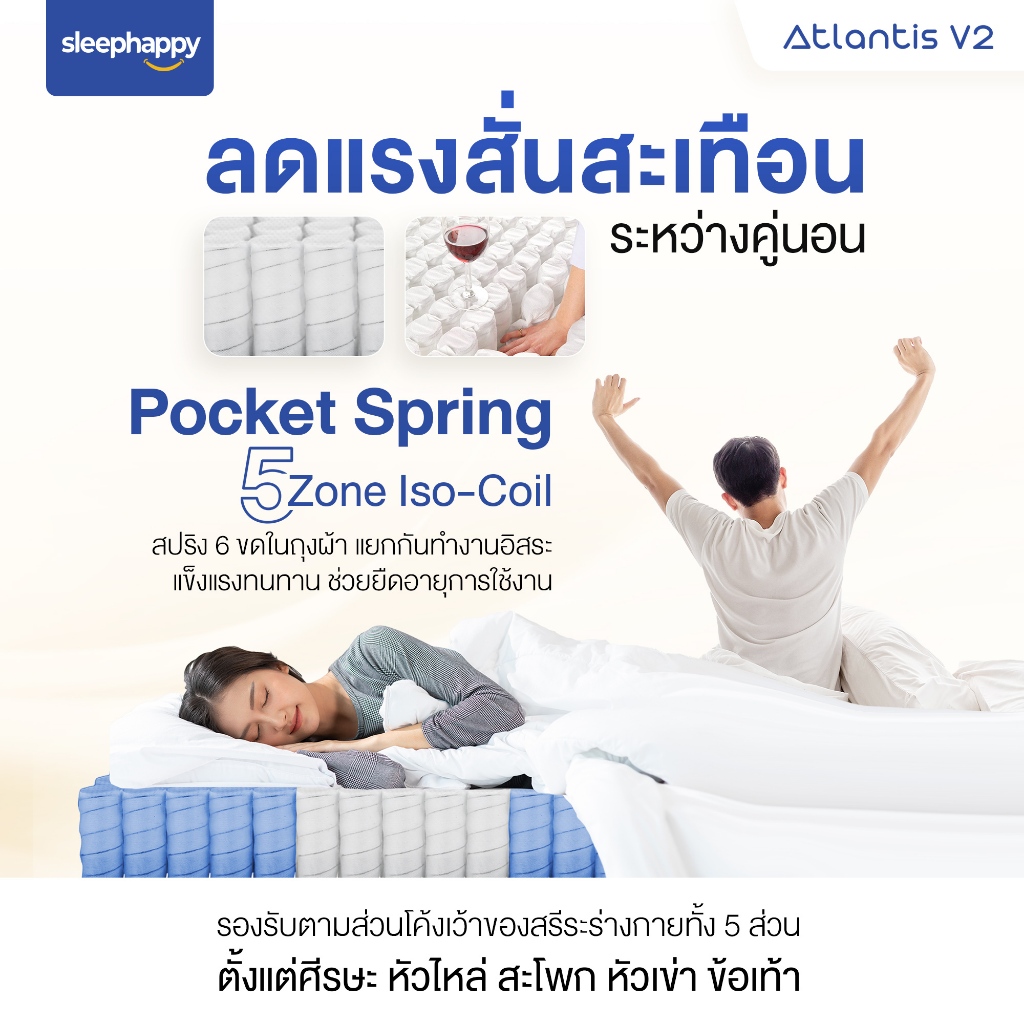 SleepHappy รุ่น Atlantis V2 และ Atlantis V2 Lite ที่นอนยางพาราพ็อกเก็ตสปริง ผสานนวัตกรรมชาโคล สัมผัสนุ่มเด้งและแน่นนุ่ม รองรับสรีระ ลดอาการปวดหลัง