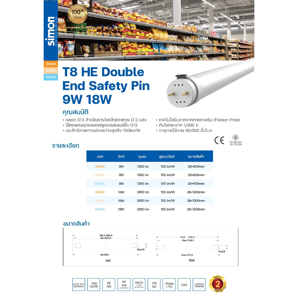 Simon หลอดไฟ LED T8 tube Bulb ชุดรางแอลอีดี หลอดยาว 9W 18W 3000K 4000K ...