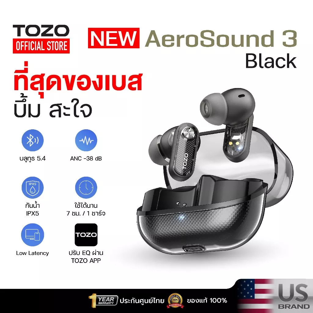 TOZO AeroSound 3 หูฟังบลูทูธ หูฟังไร้สาย หูฟังอินเอีย เบสหนัก Bluetooth 5.4 IPX5 Game Mode