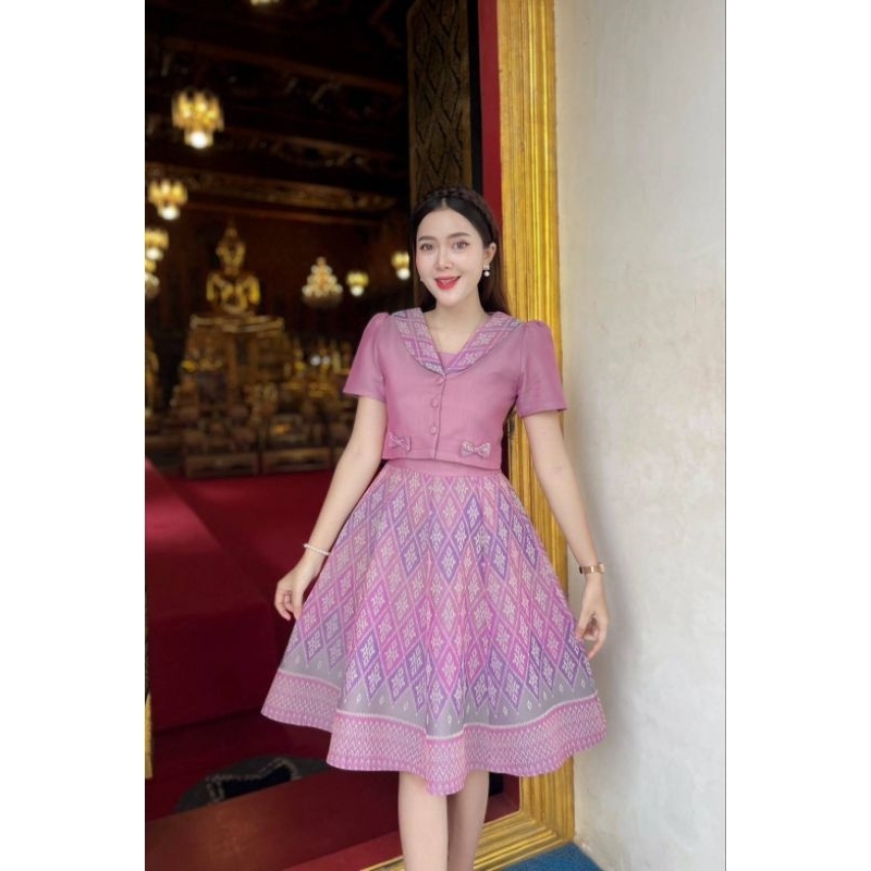 ชุดผ้าทอไทยสีชมพู ทรงเอ อัดกาวทั้งชุด คอบัว สายโบว์ ไซส์ S-2XL มุมมองที่ 5