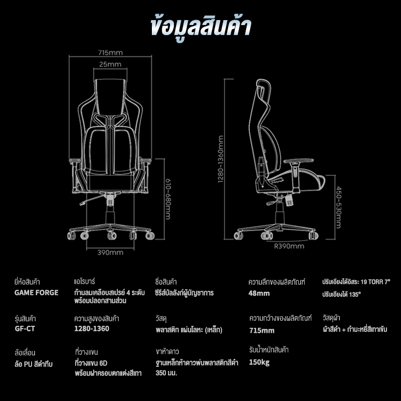 GAMEFORGE เก้าอี้เกมมิ่งเพื่อสุขภาพ เก้าอี้เล่นเกม Gaming Chair รุ่น Commander Throne เก้าอี้สีดำ รับน้ำหนักสูงสุดถึง 130 กก. รับประกัน 5 ปี 5-YEAR WARRANTY