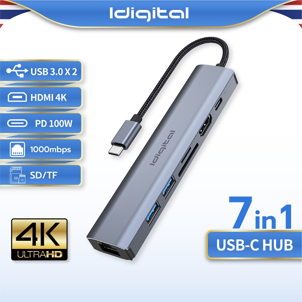 Idigital Type C HUB Adapter, ฮับ USB C, USB 3.0, HDMI 4K, 1000Mbps RJ45 ...