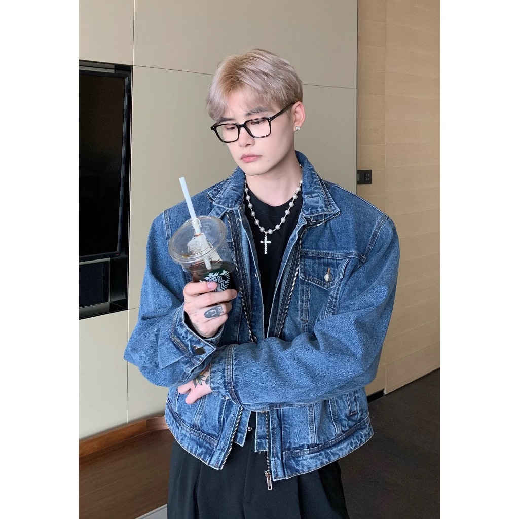 saferido Trendy American Style Vintage Cropped Jacket Men's Loose Fit Denim Clip-on Motorcycle Jacket Hiphop High Street Fashion
