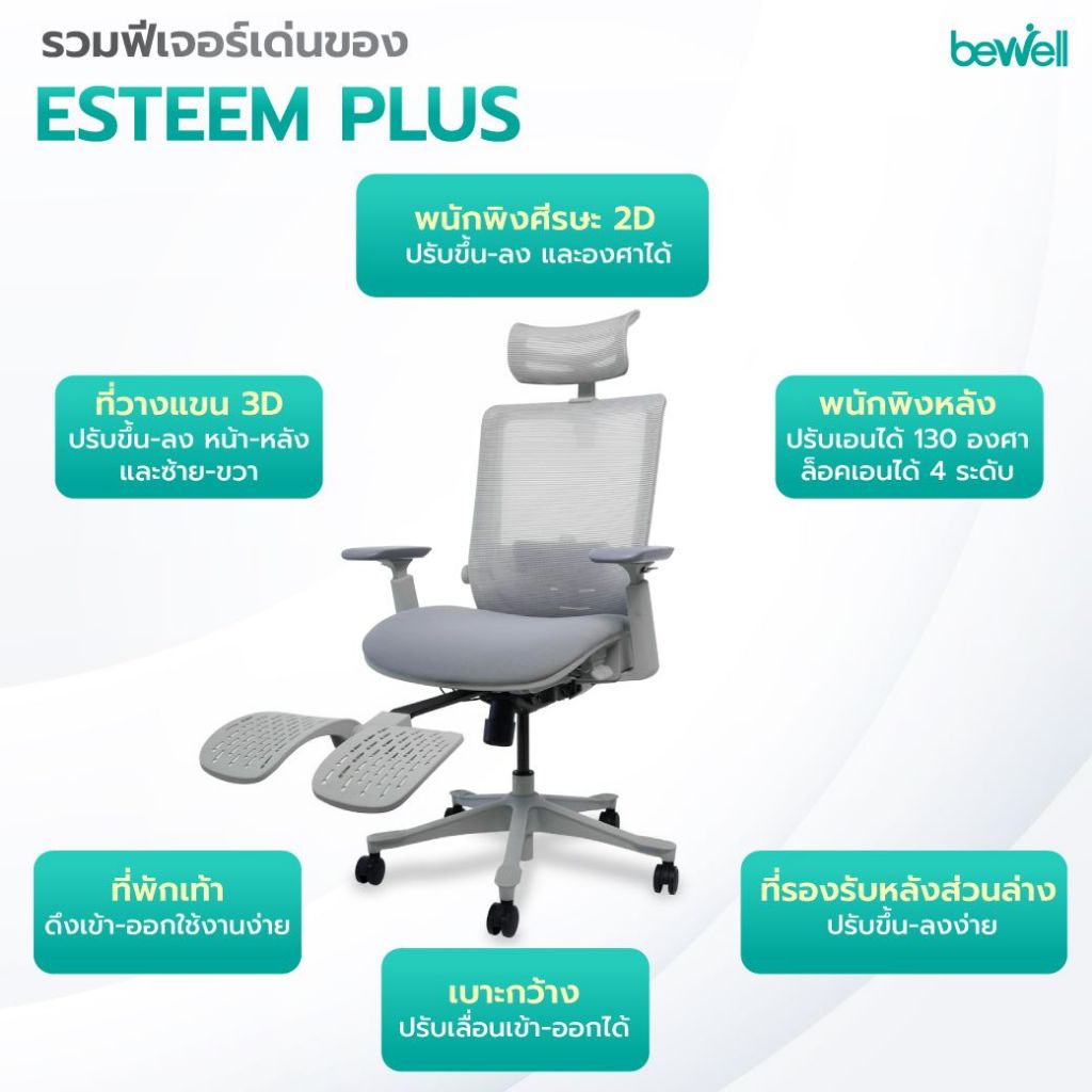 Bewell Esteem เก้าอี้ทำงานเพื่อสุขภาพ Ergonomic Chair เก้าอี้สีเทา เก้าอี้ทำงาน ระบายอากาศดีเยี่ยม เหมาะกับคนรูปร่างใหญ่ รับน้ำหนักได้ถึง 150 kg.