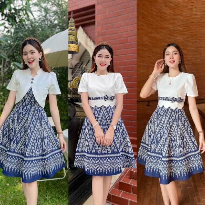 เดรสลายลิซ่า ผ้าไหมญี่ปุ่น ทรงย้วย 8 ชิ้น พรางพุง เอวโบว์ สุดแพง ไซส์ S-3XL