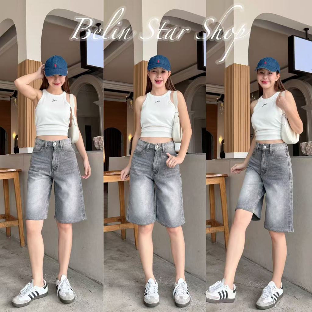 กางเกงยีนส์ทรง 5 ส่วน เอวสูง ผ้าไม่ยืด ทรงสวย สีฟอกสวย รุ่นนี้มาแรงฮิตมาก!! - 4