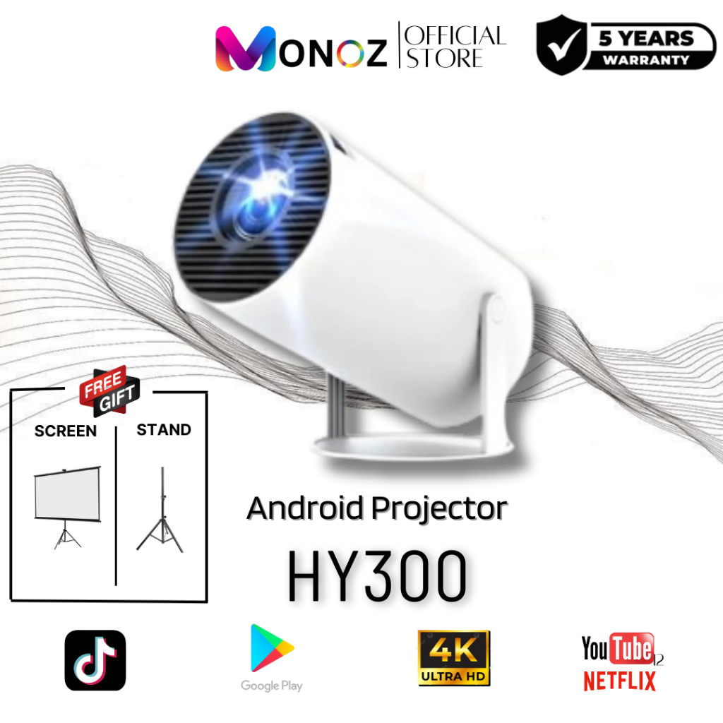 MONOZ HY300 PRO โปรเจคเตอร์ 4K Android 12.0 1080P Ultra HD WIFIบลูทูธ ...