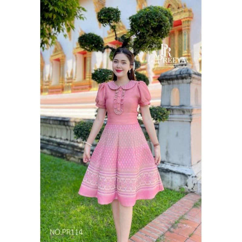 เดรสผ้าไทยสีชมพูพรีเมียม ผ้าฝ้ายทอลายแท้ อัดกาว ใส่แล้วสวยหรู มุมมองที่ 6