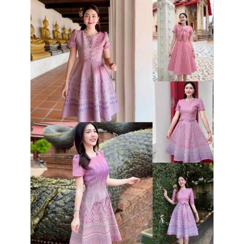 เดรสผ้าไทยสีชมพูพรีเมียม ผ้าฝ้ายทอลายแท้ อัดกาว ใส่แล้วสวยหรู