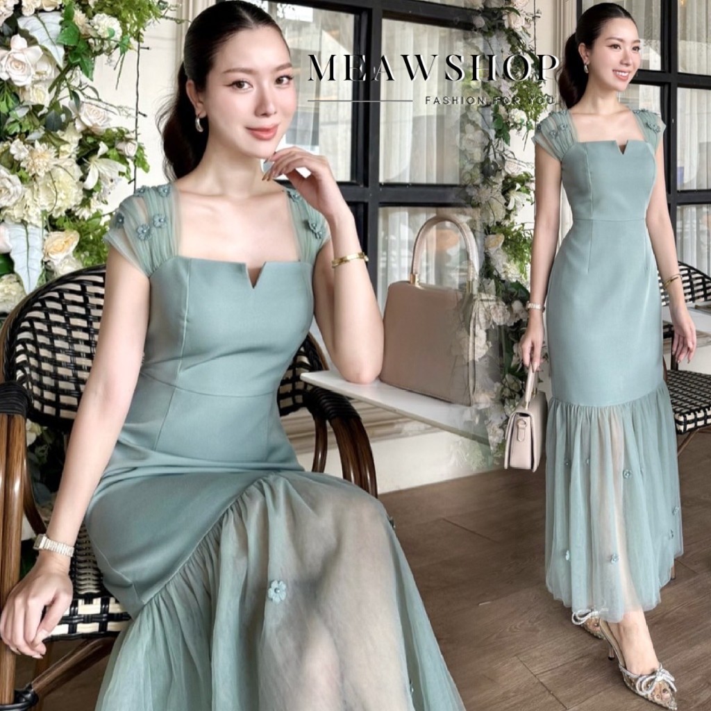 เดรสยาวคอรูปหัวใจ ผ้าซีทรูดอกไม้3D พร้อมซับใน ไซส์ S-3XL ชุดออกงานสวยเก๋ มุมมองที่ 3