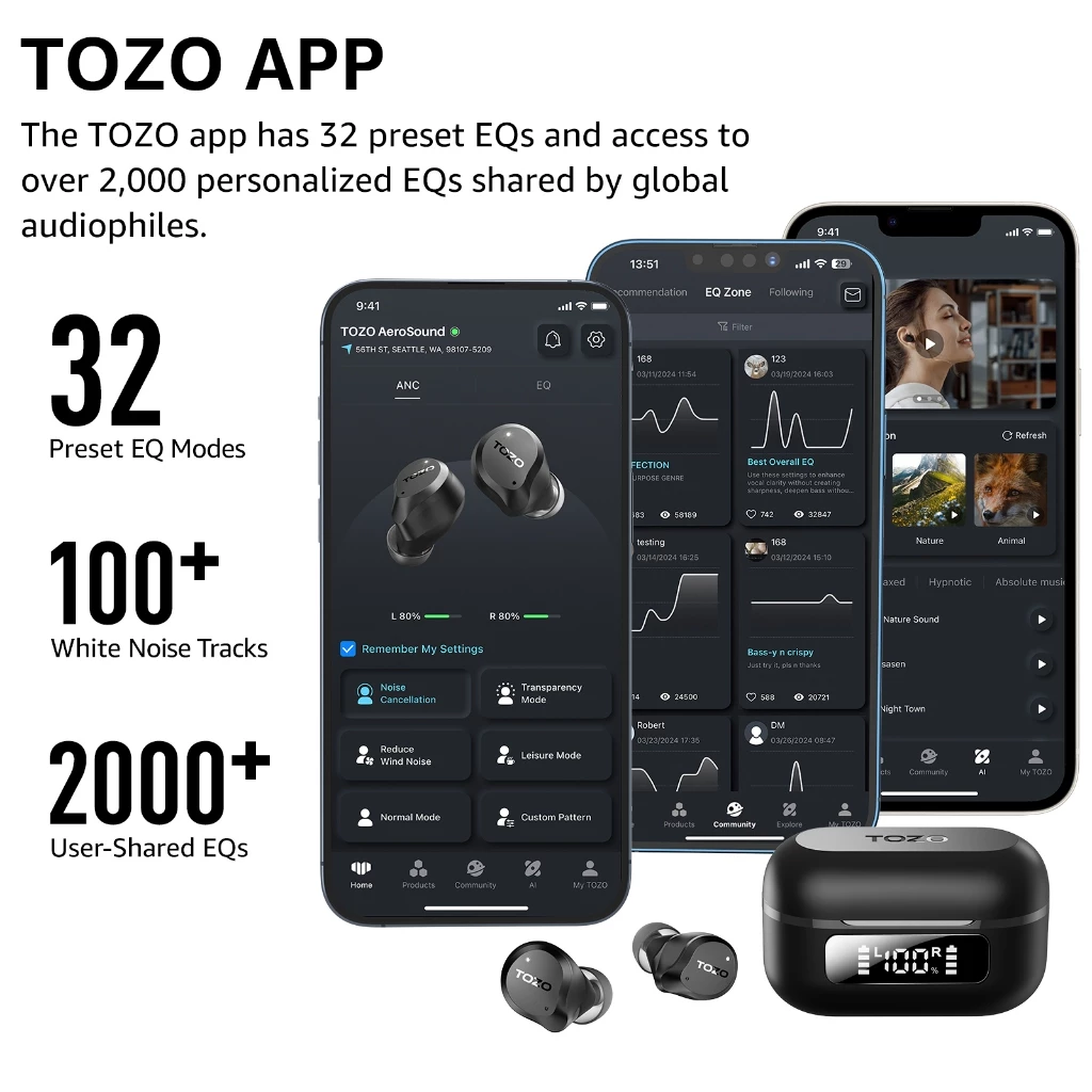 TOZO AeroSound หูฟังบลูทูธ หูฟังไร้สาย หูฟังอินเอีย แบตอึด Bluetooth 5.3 แบต 14 ชม/ชาร์จ IPX6 Game Mode