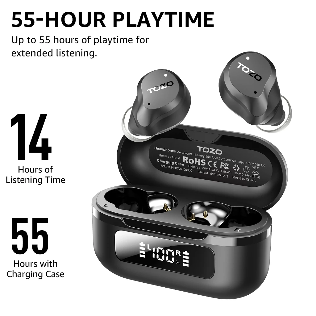 TOZO AeroSound หูฟังบลูทูธ หูฟังไร้สาย หูฟังอินเอีย แบตอึด Bluetooth 5.3 แบต 14 ชม/ชาร์จ IPX6 Game Mode