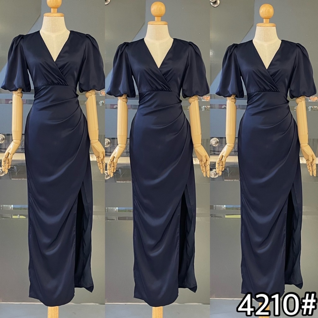 FN4210 ราตรีคอวีแขนพอง ผ้าซาตินหรู พรางพุง เดรสเพื่อนเจ้าสาว ไซส์ S-3XL มุมมองที่ 6