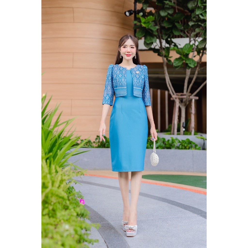 🍒 ชุดผ้าไทยแขนสามส่วนกระโปรงทรงเอ 5 สี ผ้าเนื้อดีทิ้งตัวสวย พร้อมส่ง มุมมองที่ 4