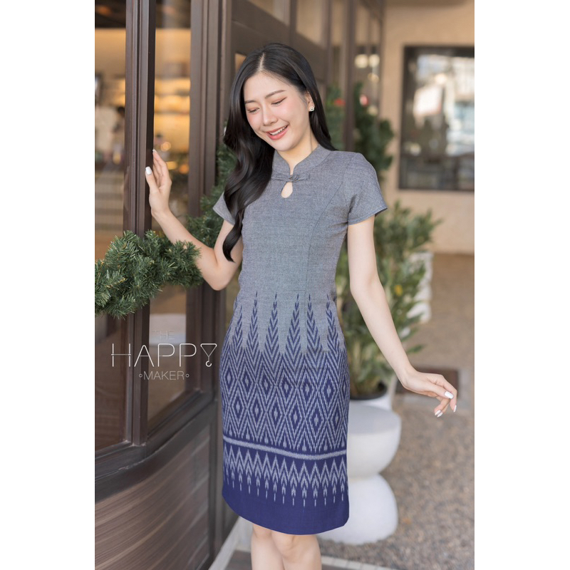 เดรสผ้าไทยคอตีจีนลายต้นสน ใส่ทำงานสวยเข้ารูป ผ้าฝ้ายนุ่มสบาย