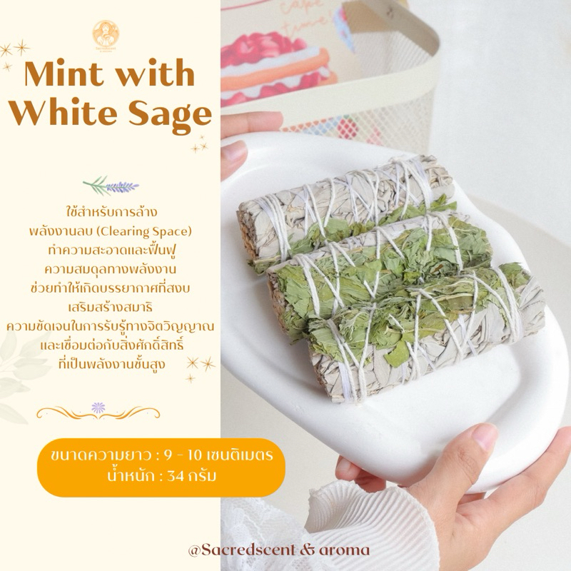 White Sage+Mint ชุดมัดรวม ไวท์เสจและใบมิ้นท์ มัดเล็ก ขนาด 9-10 CM ...