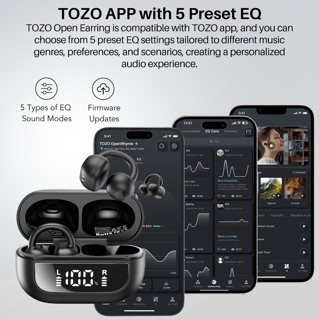 TOZO OpenRhyme หูฟังบลูทูธ หูฟังไร้สาย หูฟังคลิปออน เบสหนัก Bluetooth 5.3 แบต 8 ชม/ชาร์จ IPX5 Game Mode