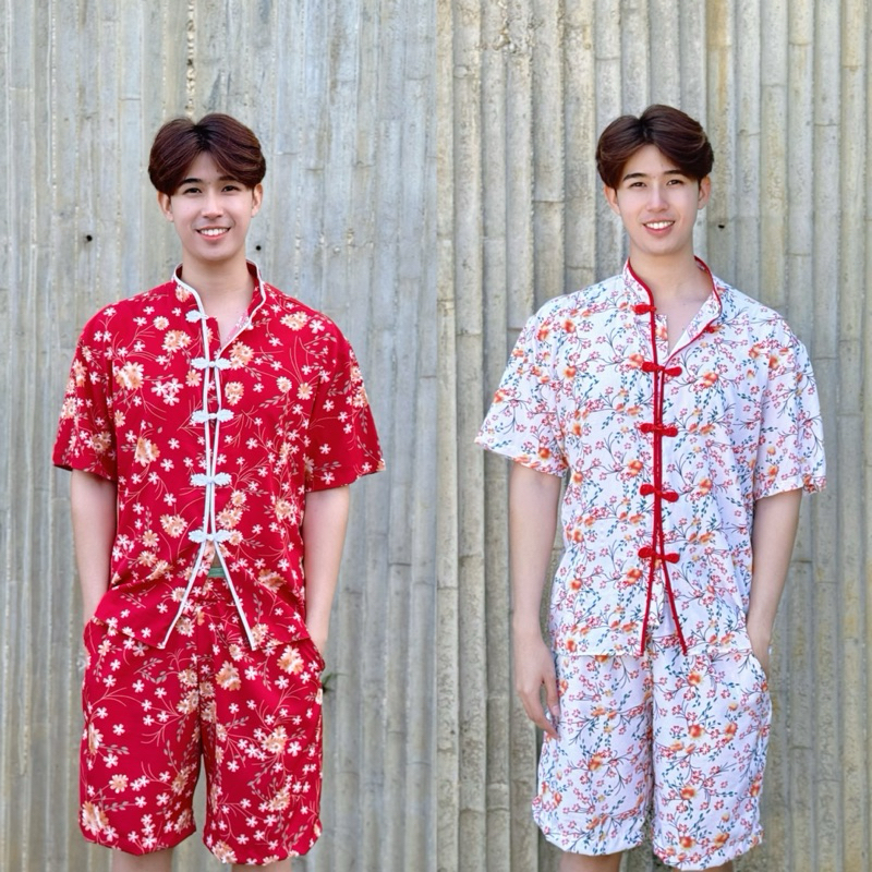 ชุดเซ็ตตรุษจีนผู้ชาย เสื้อเชิ้ตแขนสั้นกระดุมจีน กางเกงขาสั้น(ผ้าไหมญี่ปุ่น)