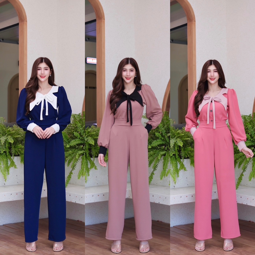 ชุดเซตยาวผ้าวูลเวฟทรูโทน เสื้อแขนยาวคอปกผูกโบว์หน้าแต่งกระดุมหน้า ...