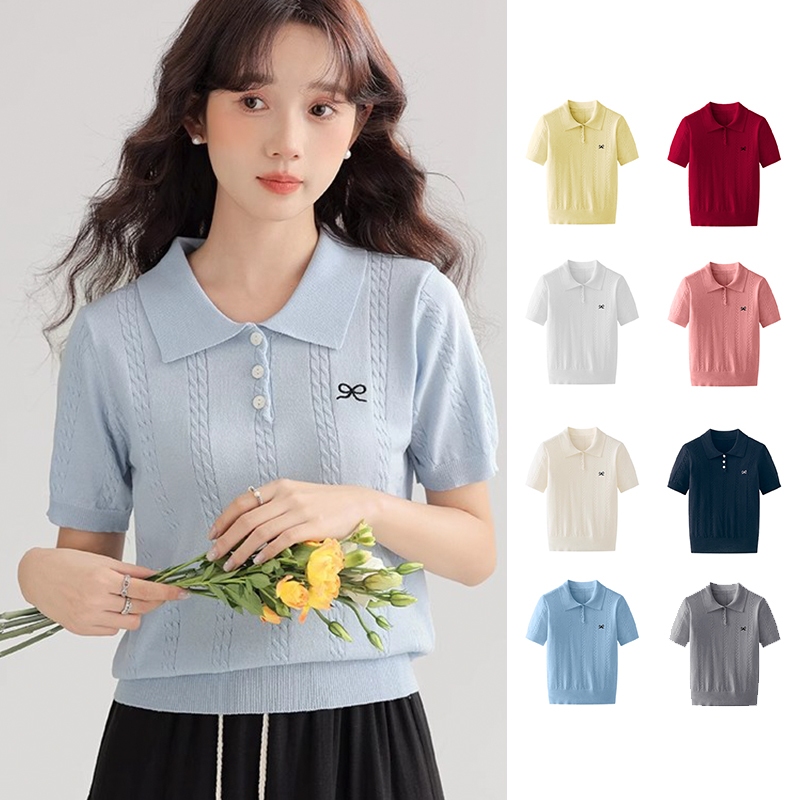 เสื้อโปโลแขนสั้นปักโบว์ เสื้อยืดสเวตเตอร์ไหมน้ำแข็งถักปกเสื้อใหม่สำหรับ ...