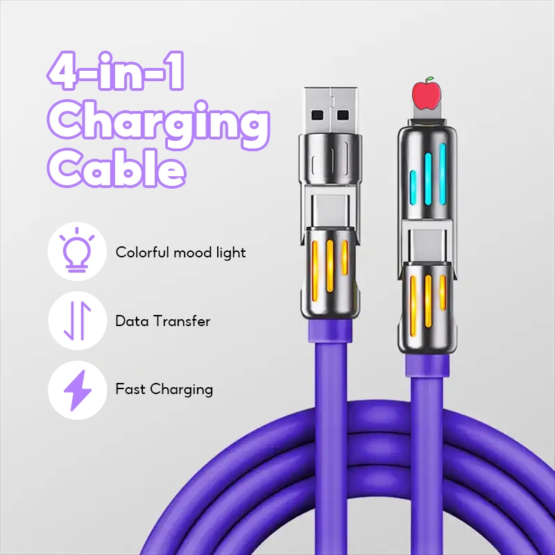 สายชาร์จ USB C 4 in 1 240W ชาร์จเร็ว พร้อมไฟ RGB สีสันสดใส ความยาว 1 เมตร 2 เมตร สีม่วง วัสดุอลูมิเนียมอัลลอยและซิลิโคน