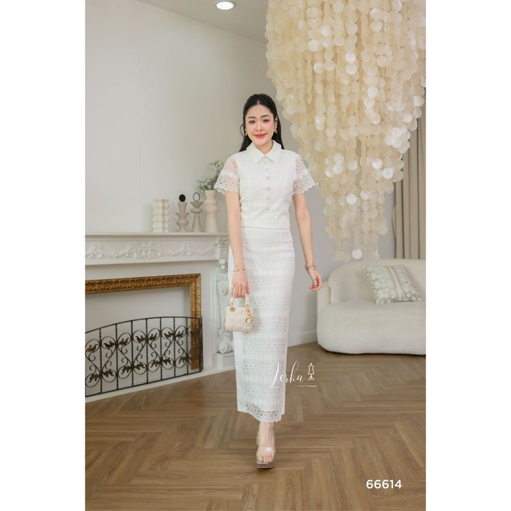 ชุดเซ็ทขาวหรู ใส่ทำบุญ งานบวช ออกงาน ลูกไม้คุณภาพ S-4XL มุมมองที่ 2