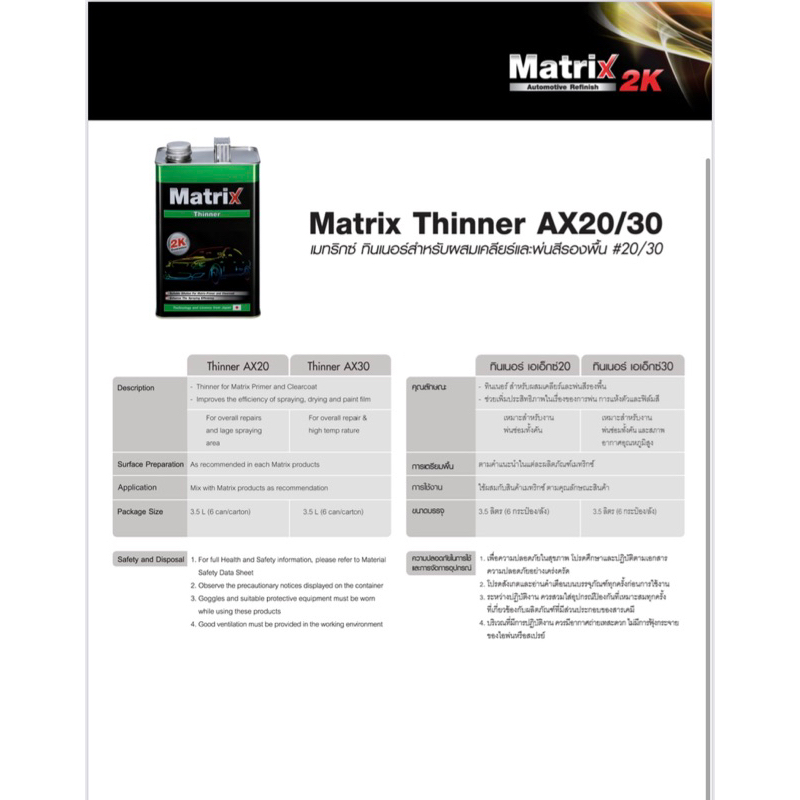 ทินเนอร์ 2K MATRIX BY TOA เมทริกซ์ ทินเนอร์สำหรับผสมเคลียร์และพ่นสีรอง ...