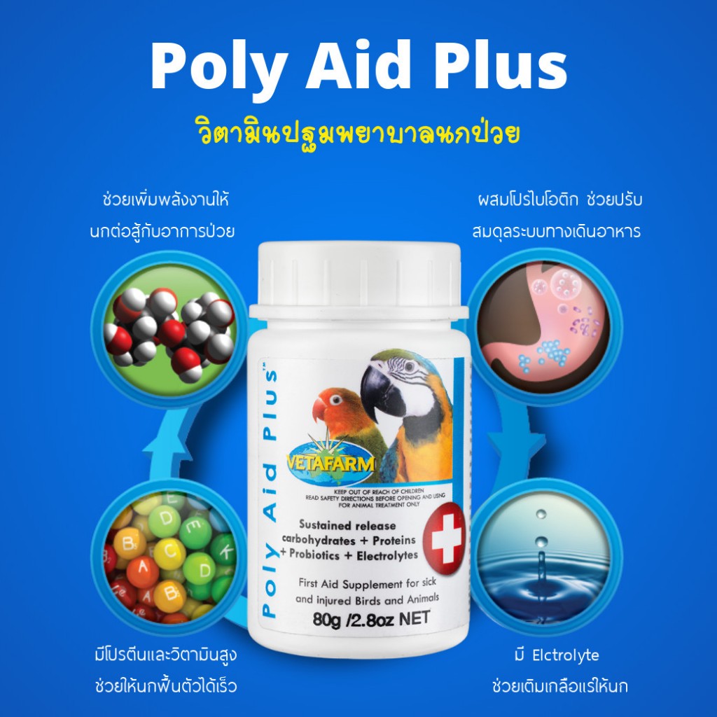 Vetafarm POLY AID PLUS วิตามินปฐมพยาบาลเบื้องต้น สำหรับนกแก้ว 40 g- 80 ...