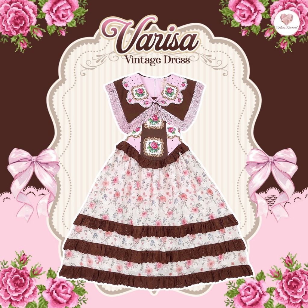 (มี3XL) Varisa Vintage Dress เดรสวินเทจผ้าเปเป้พิมพ์ลาย ตัดต่อผ้าคอตตอน ...