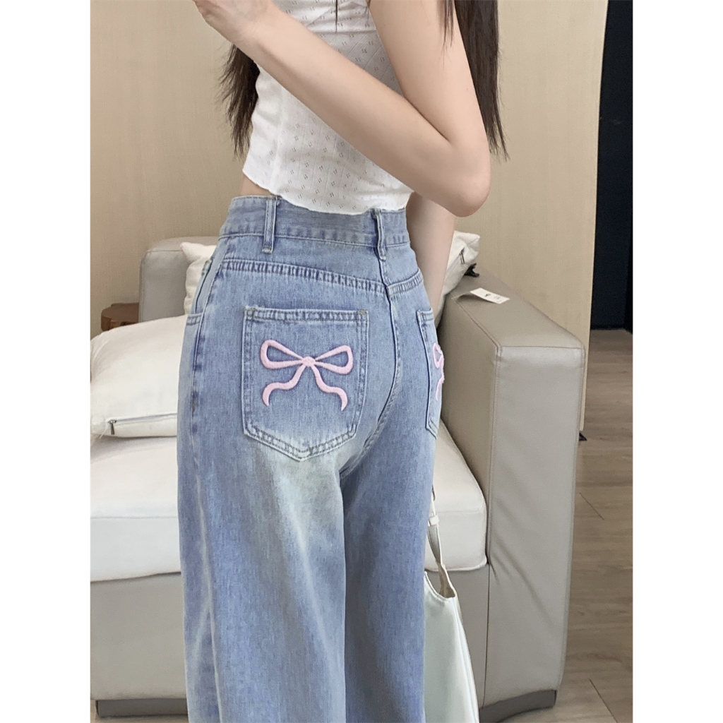 กางเกงยีนส์ กางเกงกระบอก เอวสูง ผ้ายืดได้ งานปักลายโบว์ #1501218 - 3