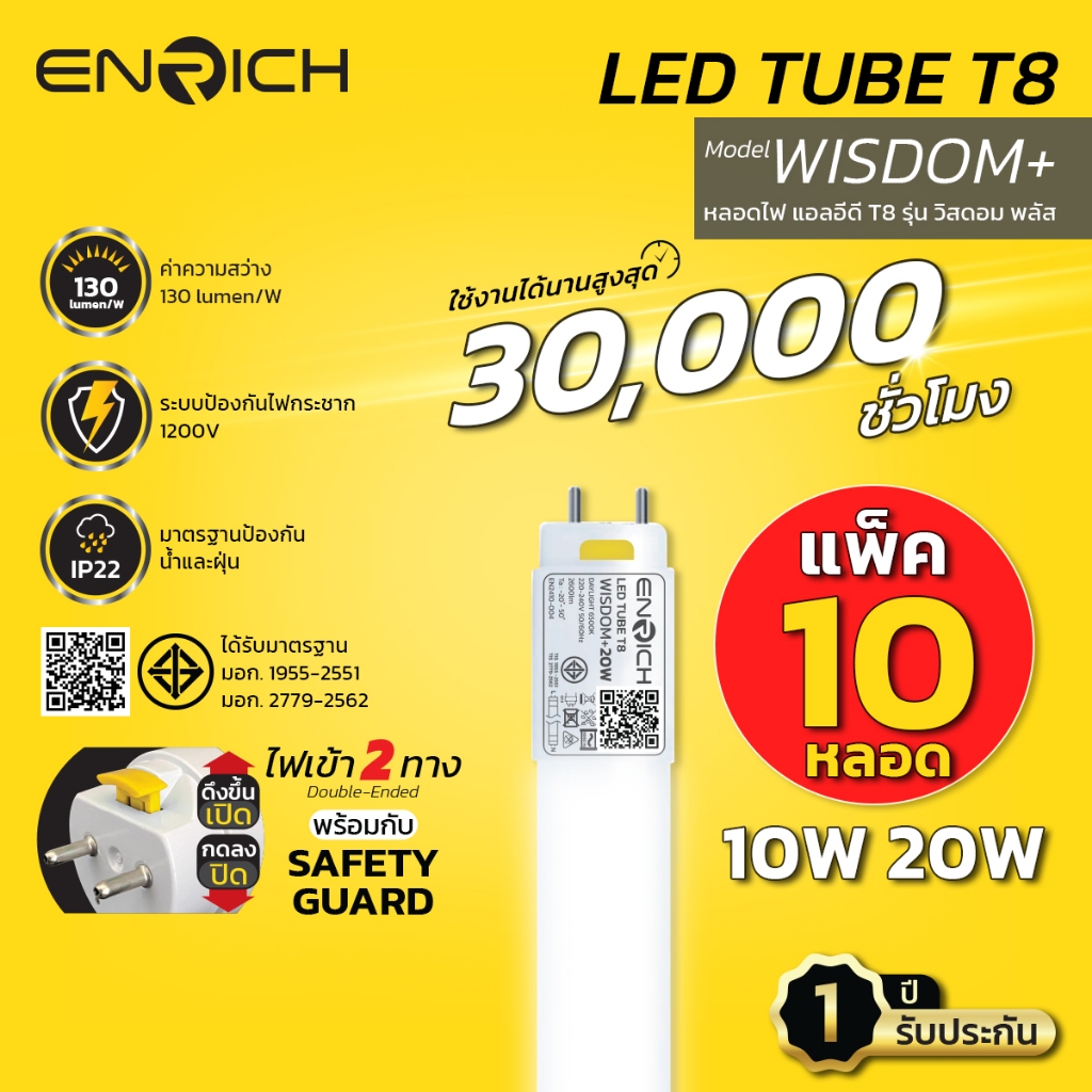 ENRICH หลอดไฟ LED T8 รุ่น Wisdom PLUS ขนาด 10W 20W แสงสีขาว (แพ็ค 10 ...