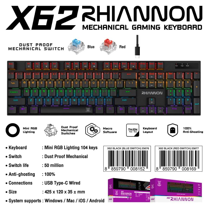Nubwo คีย์บอร์ดเกมมิ่ง X62 Mechanical พร้อมด้วยไฟ mini RGB มี 2 สวิตช์ ...