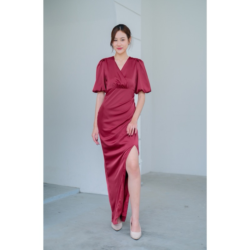 FN4210 ราตรีคอวีแขนพอง ผ้าซาตินหรู พรางพุง เดรสเพื่อนเจ้าสาว ไซส์ S-3XL มุมมองที่ 4