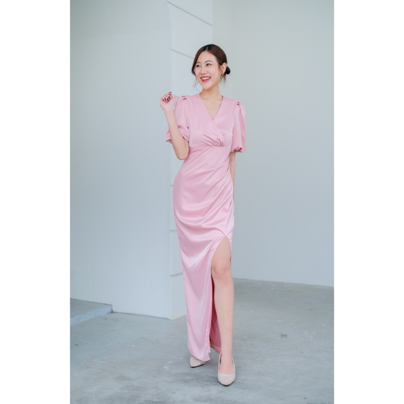 FN4210 ราตรีคอวีแขนพอง ผ้าซาตินหรู พรางพุง เดรสเพื่อนเจ้าสาว ไซส์ S-3XL มุมมองที่ 3