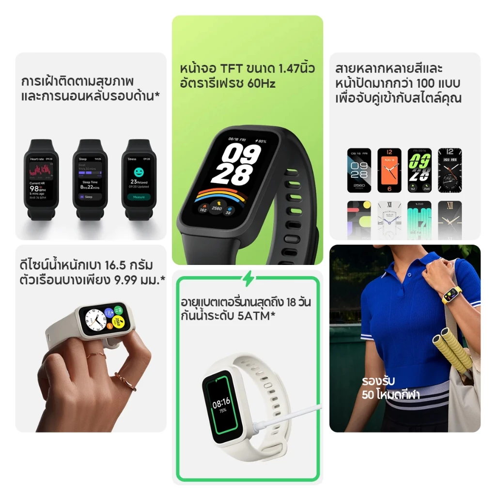 Xiaomi Mi Band 9 Active Smart Band 9 นาฬิกาสมาร์ทวอทช์ จอแสดงผล 1.47" การวัดออกซิเจนในเลือด smart watch