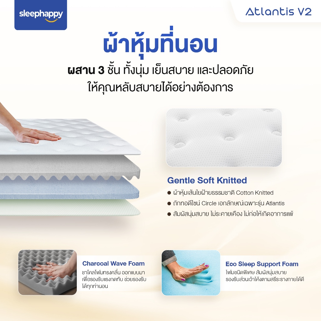 SleepHappy รุ่น Atlantis V2 และ Atlantis V2 Lite ที่นอนยางพาราพ็อกเก็ตสปริง ผสานนวัตกรรมชาโคล สัมผัสนุ่มเด้งและแน่นนุ่ม รองรับสรีระ ลดอาการปวดหลัง